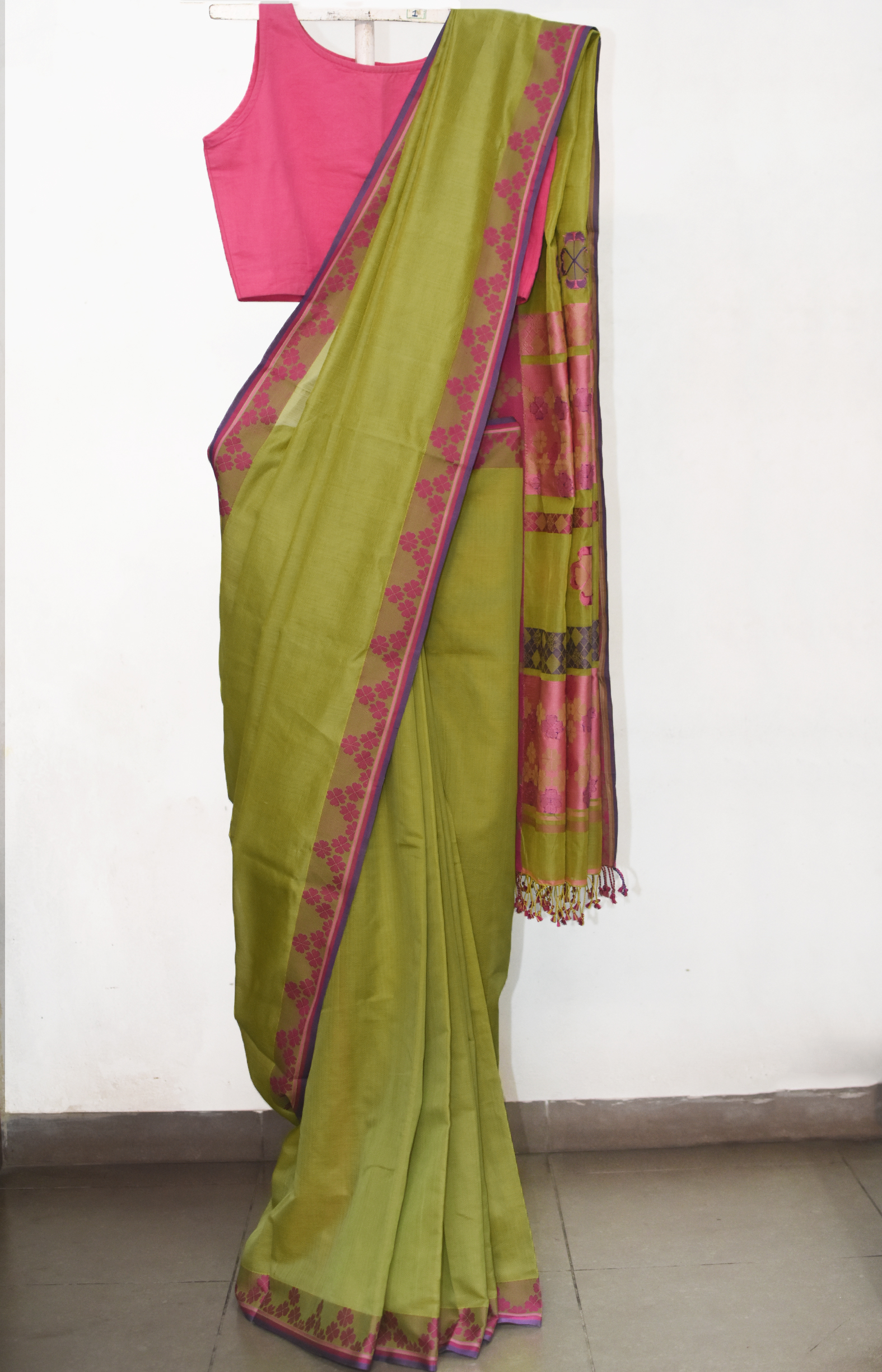 Olive Green, Handwoven Organic Cotton, Textured Weave , Jacquard, Work Wear Saree